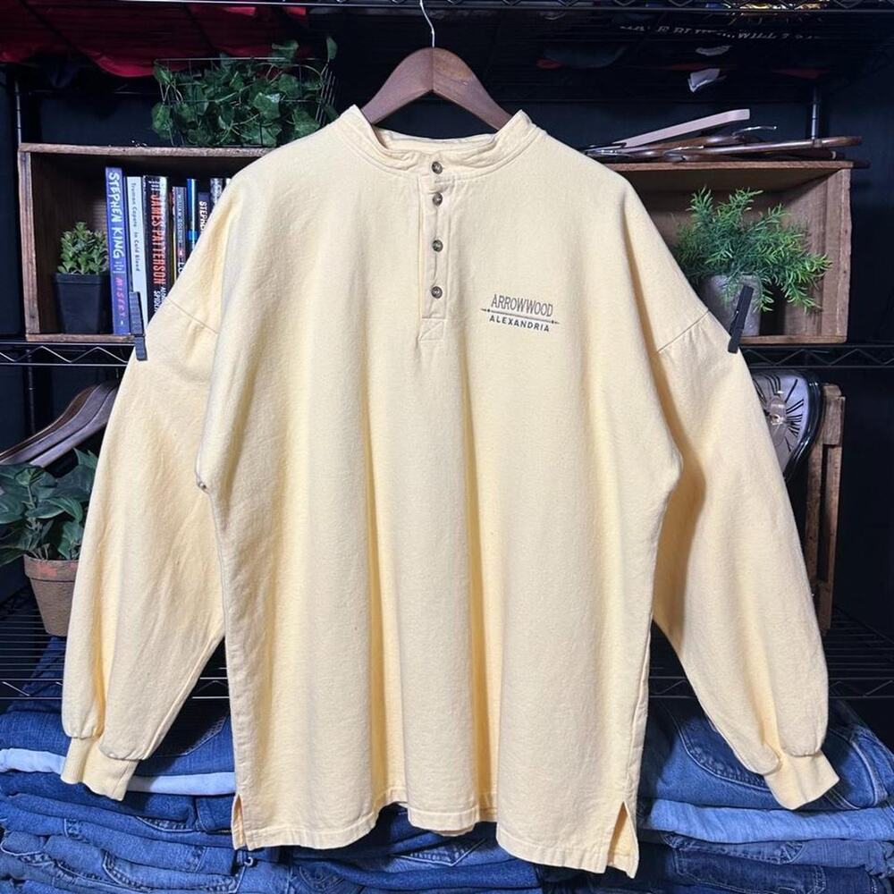 Vintage 90s Yellow Henley Long Sleeve Heavyweight Tee Shirt Mens 2XL Embroidered